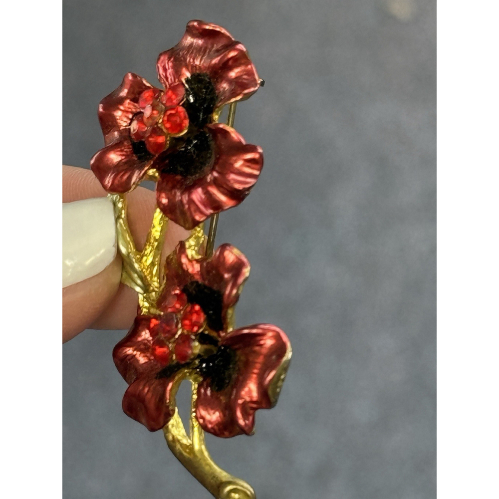 Vintage Enamel Red Rhinestone Flower Floral Jewelry Brooch Pin Good Toned - Picture 7 of 10